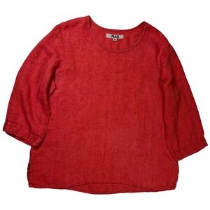 FLAX Linen Top Women Medium Orange Herringbone Tunic Lagenlook Casual Relaxed